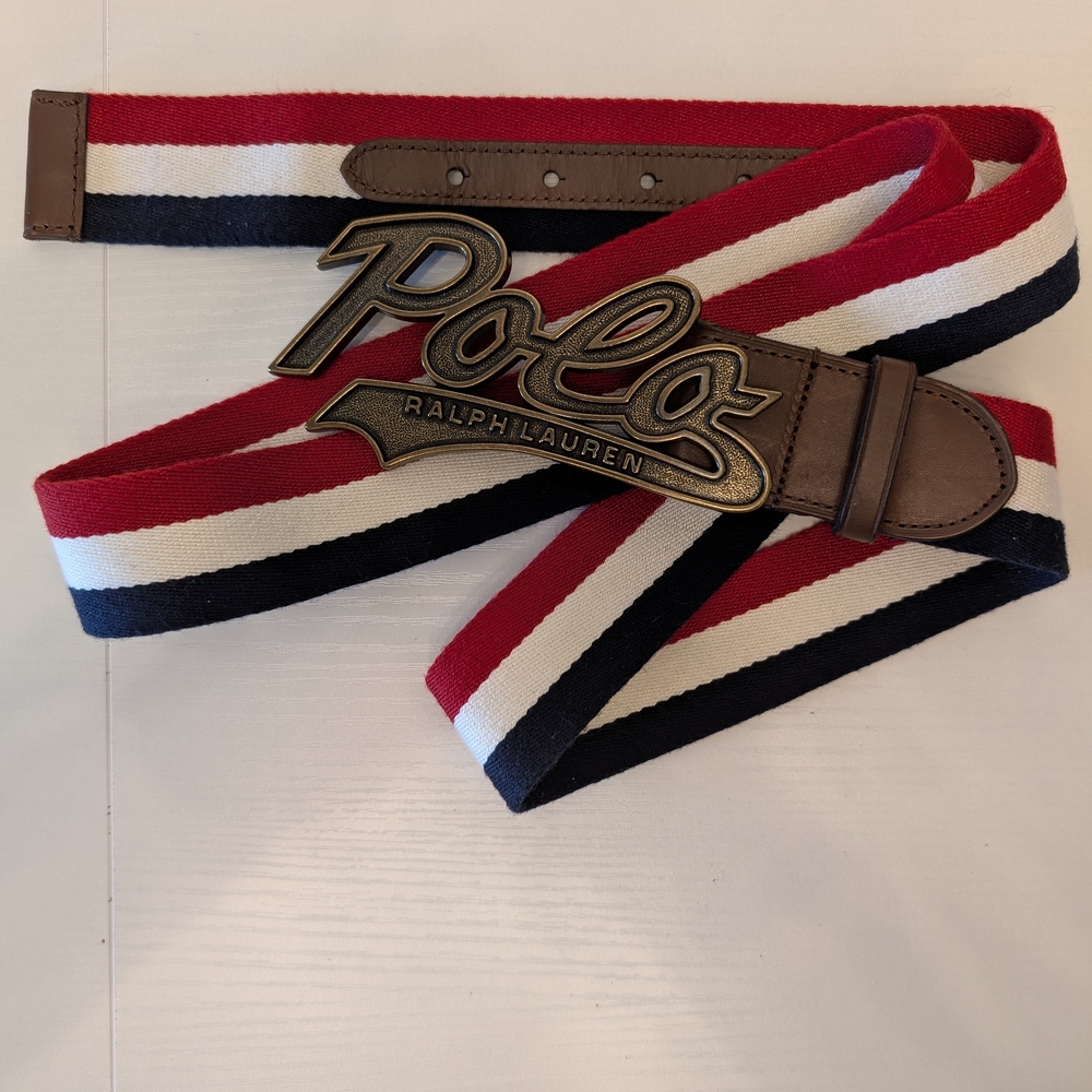Polo Ralph Lauren Striped Canvas Leather Belt Script Logo Buckle Red White Blue